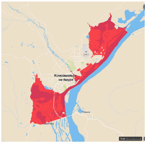 Predicted flooding zones in 2019 in the city of Komsomolsk-on-Amur when the water level rises by 8.2 m.PNG
